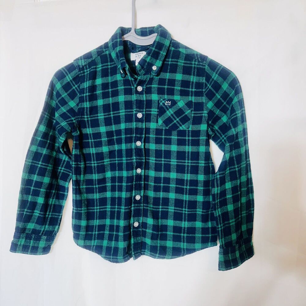 Crown & Ivy Boys Long Sleeve Button Flannel Size 7 Blue Green Plaid